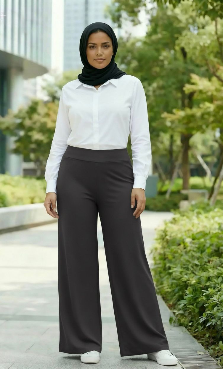 بنطال تريكو ليكرا بأرجل واسعة وخصر مطاطي مناسب لـ 3 فصول